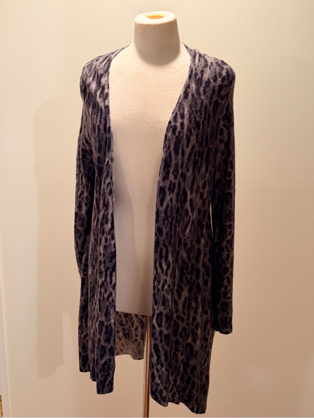 Saks Fifth Avenue Black and Gray Leopard-Print Open Cardigan